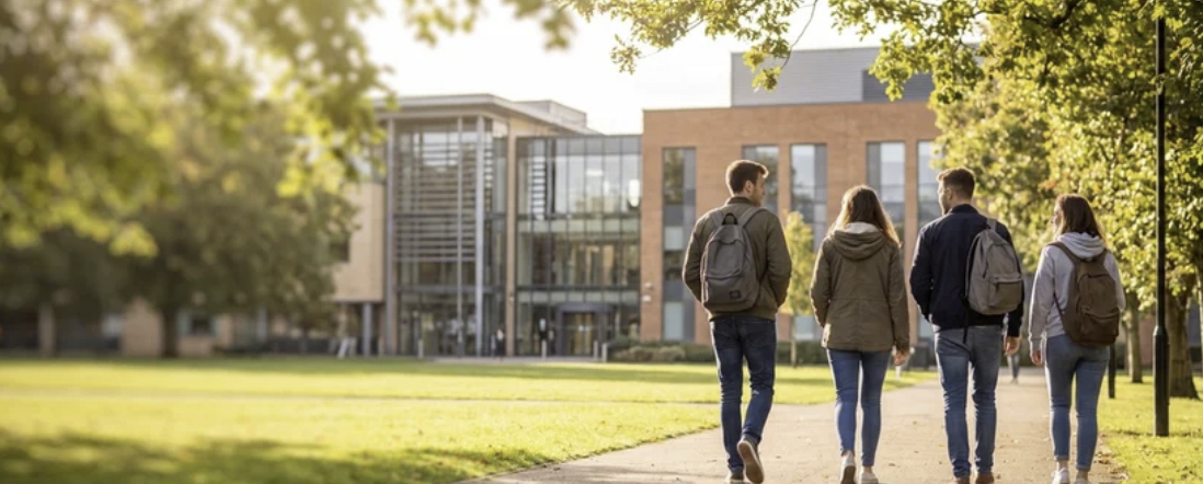 policies Students walking across a university campus