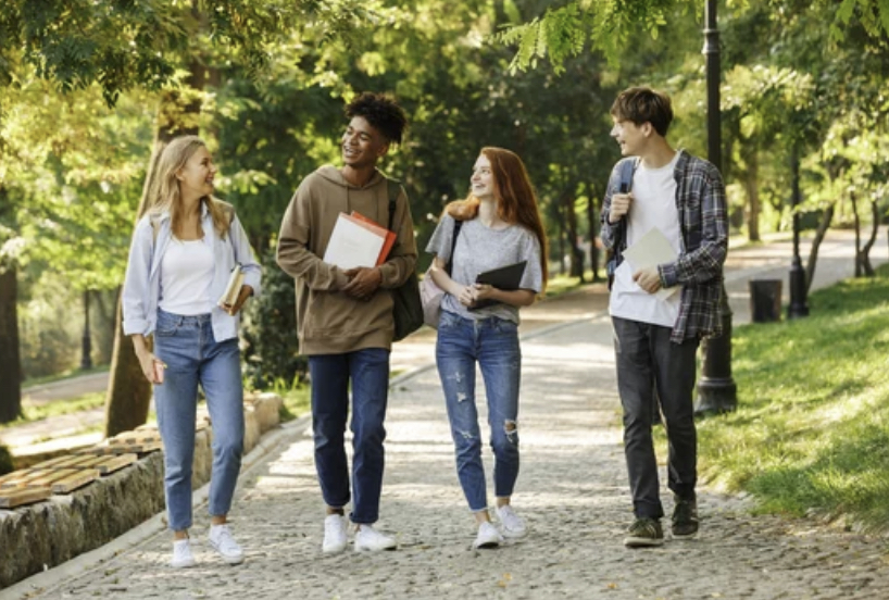 Students walking together along a tree-lined path